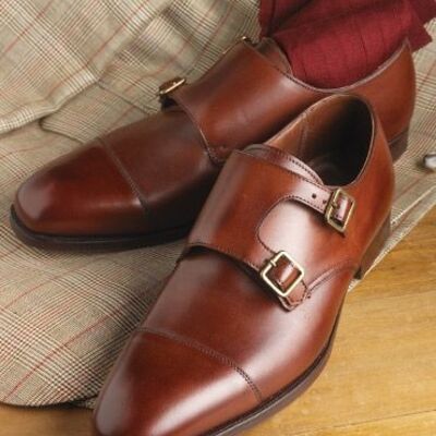 Handmade men's brown leather double monk buckle split toe loafer shoes