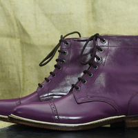 Handmade Men's Purple Leather Ankle High Boot, Lace Up Cap Toe Boot - Thumbnail 1