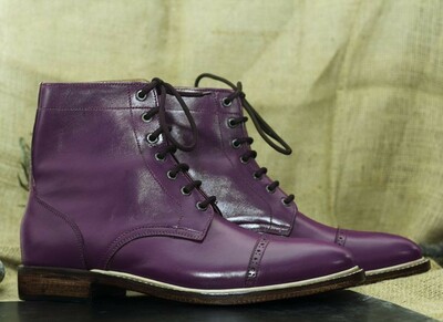 Handmade Men's Purple Leather Ankle High Boot, Lace Up Cap Toe Boot