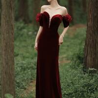 Elegant Off Shoulder Velvet Prom Dresses - Thumbnail 1