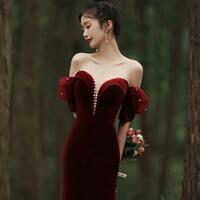 Elegant Off Shoulder Velvet Prom Dresses - Thumbnail 2