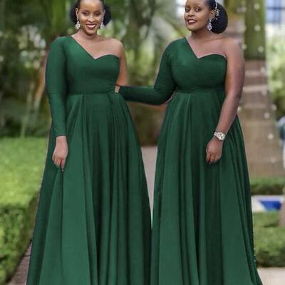 One shoulder floor length dark green long bridesmaid dresses - Thumbnail 2