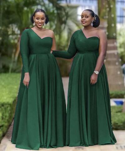 One Shoulder Floor Length Dark Green Long Bridesmaid Dresses