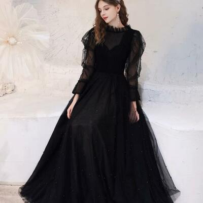 Elegant light luxury long sleeve black evening dresses