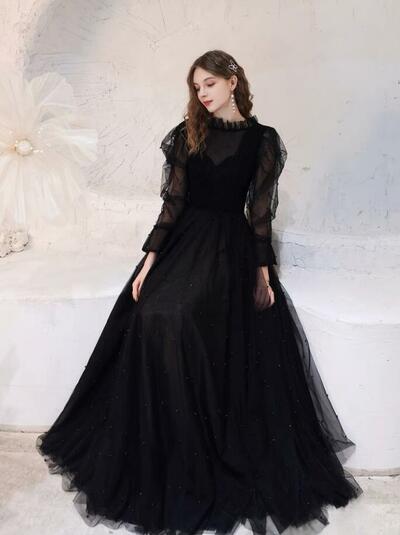 Elegant Light Luxury Long Sleeve Black Evening Dresses