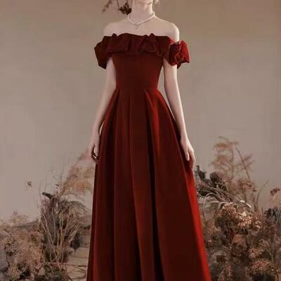 Elegant off shoulder burgundy velvet long party dresses - Thumbnail 3