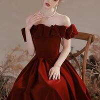 Elegant Off Shoulder Burgundy Velvet Long Party Dresses - Thumbnail 1