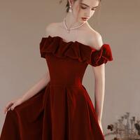Elegant Off Shoulder Burgundy Velvet Long Party Dresses - Thumbnail 2