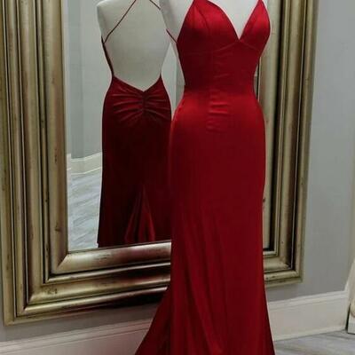 Simple a line wine red open back prom dresses