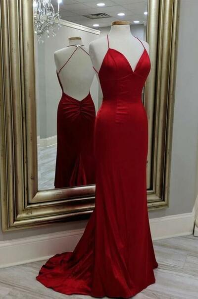 Simple A Line Wine Red Open Back Prom Dresses