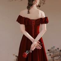 Elegant Off Shoulder Burgundy Velvet Long Party Dresses - Thumbnail 4
