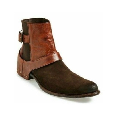 Men's Brown Leather & Suede Ankle High Buckle Strap Handmade Boots