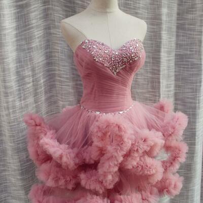 Cute sweetheart pink short prom dress with beading