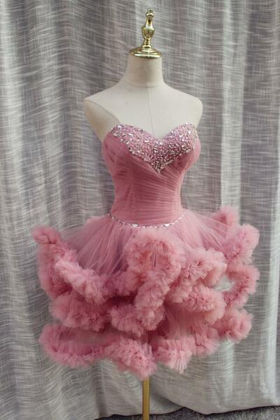 Cute Sweetheart Pink Short Prom Dress With Beading