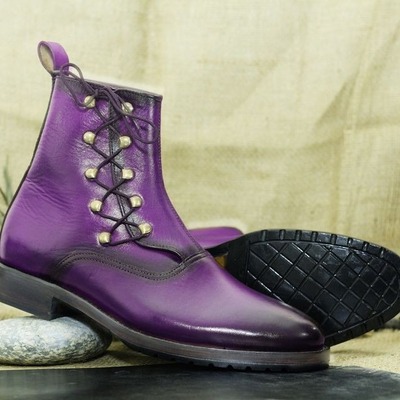 Mens purple leather lace up handmade fashion ankle high boots