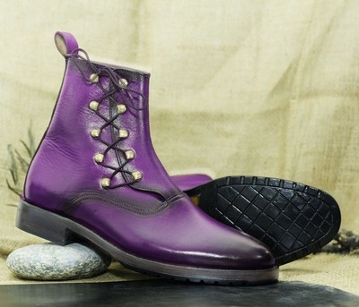 Mens Purple Leather Lace Up Handmade Fashion Ankle High Boots