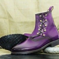 Mens Purple Leather Lace Up Handmade Fashion Ankle High Boots - Thumbnail 1