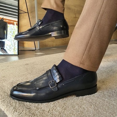 Handmade men's black leather fringe signal buckle loafer shoes - Thumbnail 2