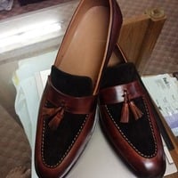 Handmade Men's Two Tone Leather & Suede Tussle Loafer Shoes - Thumbnail 1