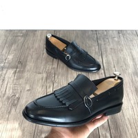 Handmade Men's Black Leather Fringe Signal Buckle Loafer Shoes - Thumbnail 1