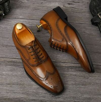 Handmade Men's Brown Leather Lace Up Wing Tip Dress Shoes