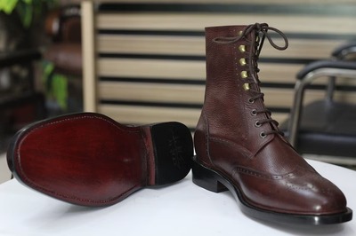 Men's Brown Leather Lace Up Wing Tip Handmade Ankle High Boots