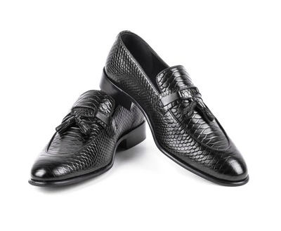 Handmade Python Leather Tussle Men's Fashion Black Dress Shoes