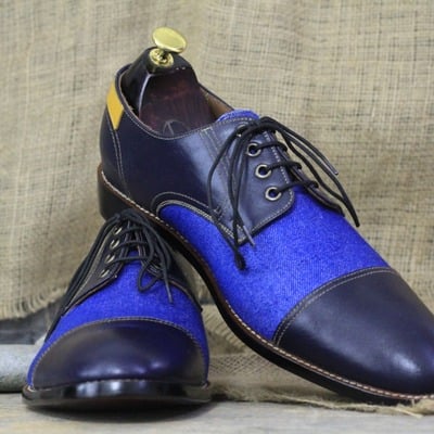 Handmade men's lace up two tone leather & denim leather cap toe fashion shoes
