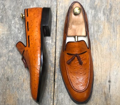Men's Brown Ostrich Leather Tassel Fashion Handmade Loafer Shoes