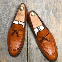 Men's Brown Ostrich Leather Tassel Fashion Handmade Loafer Shoes - Thumbnail 1