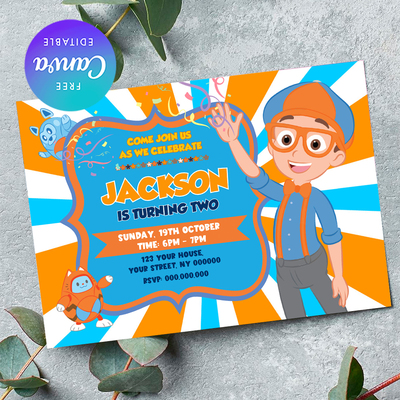 Editable blippi birthday invitation instant download, blippi birthday any age invitation canva editable