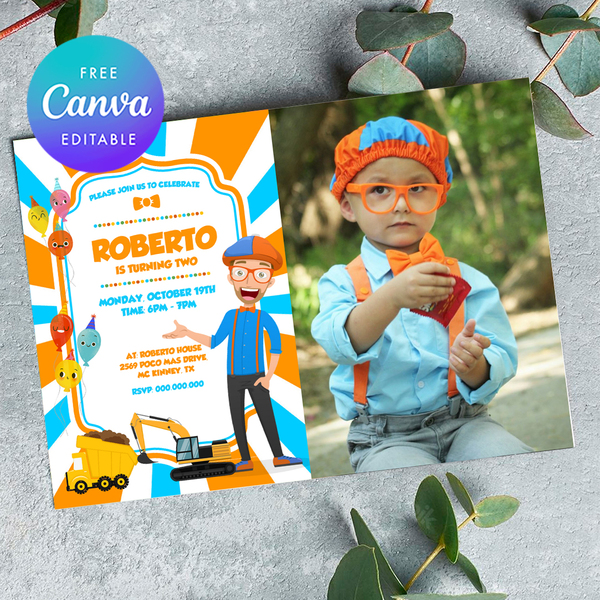 Blippi Birthday Invitation with photo Canva Editable Instant Download