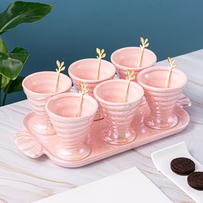 13pcs pink glaze ceramic thread ice cream dessert salad cup set