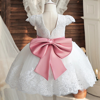 Toddler baby girls lace embroidered easter dress, white with pink satin bow, flower girl dress, free shipping