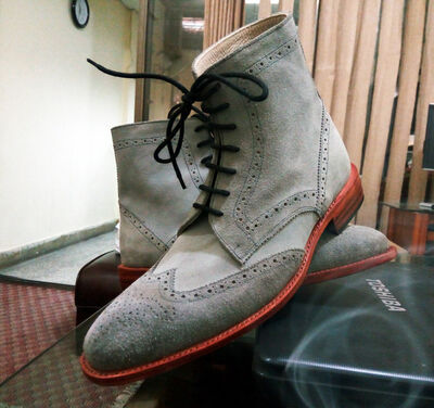 New Handmade Custom Men Ankle High Gray Brogue Suede Leather Boot, Suede Formal Boot