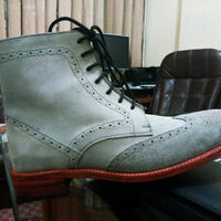 New Handmade Custom Men Ankle High Gray Brogue Suede Leather Boot, Suede Formal Boot - Thumbnail 1