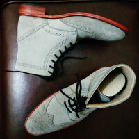 New Handmade Custom Men Ankle High Gray Brogue Suede Leather Boot, Suede Formal Boot - Thumbnail 2