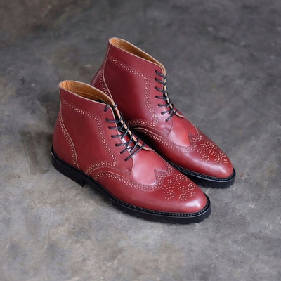 Handmade men’s ankle high leather boot men’s burgundy wing tip brogue lace up boot - Thumbnail 1