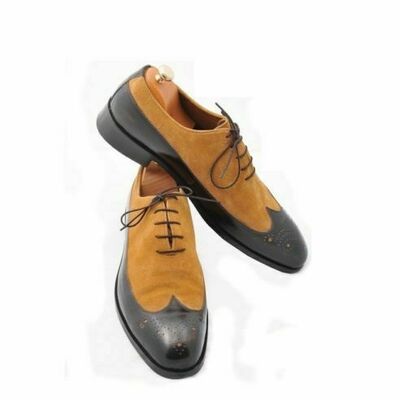 Mens handmade shoes black leather tan suede two tone wingtip formal wear boots