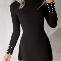 Elegant Long Sleeved Bubble Beads High Necked Dress - Thumbnail 3