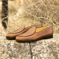 Men's Beige Python Leather Belgian Slippers Handmade Loafer Shoes - Thumbnail 1