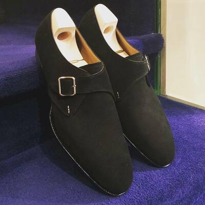Handmade black attractive color single monk strap buckle design mens shoes