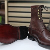 Men's Brown Leather Lace Up Wing Tip Handmade Ankle High Boots - Thumbnail 1