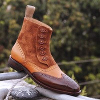 Handmade Men's Multi Tone Leather & Suede Button Wing Tip Ankle Boots - Thumbnail 1