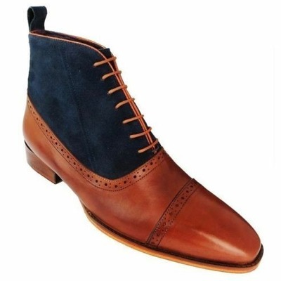 Handmade men's two tone leather & suede lace up cap toe ankle boots - Thumbnail 2