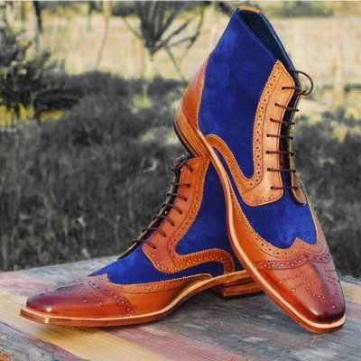 Handmade men's two tone leather & suede lace up wing tip ankle high boots