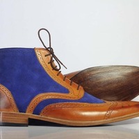 Handmade Men's Two Tone Leather & Suede Lace Up Wing Tip Ankle High Boots - Thumbnail 1