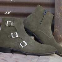 Handmade Men's Triple Buckle Monk Suede Green Ankle High Boots - Thumbnail 1