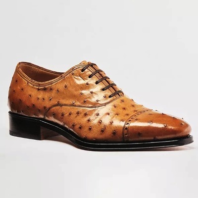Handmade Men's Brown Ostrich Leather Lace Up Cap Toe Fashion Shoes