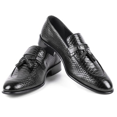 Handmade python leather tussle men's fashion black dress shoes